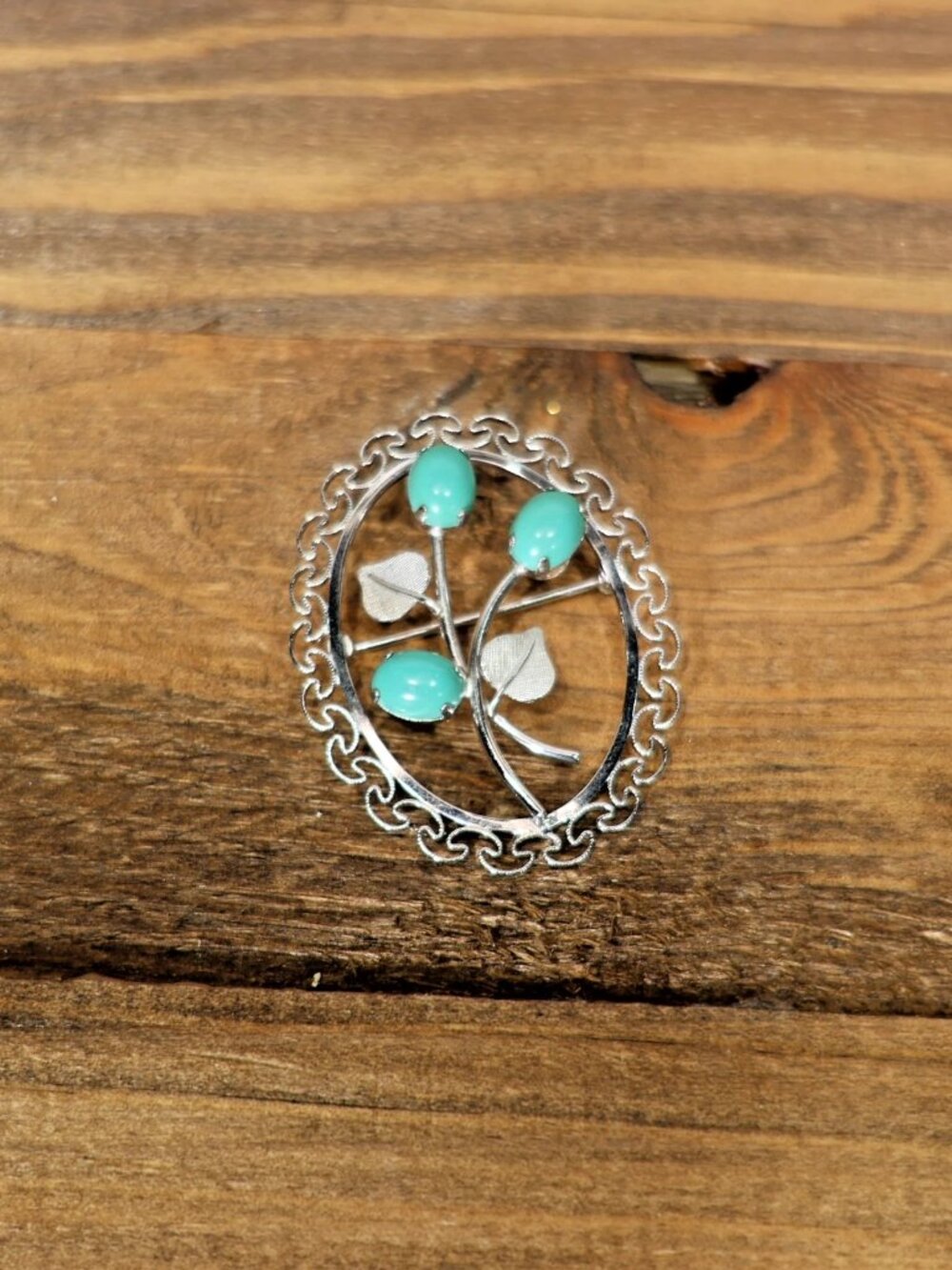 VAN DELL Sterling Silver Vintage Turquoise Floral Brooch Pin with leaf accent